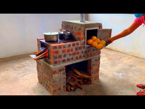 Build a multi-purpose wood stove with a baking tray from cement and bricks