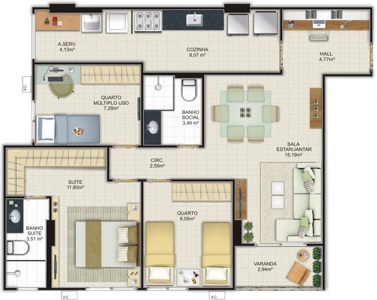 Casa com três quartos em planta