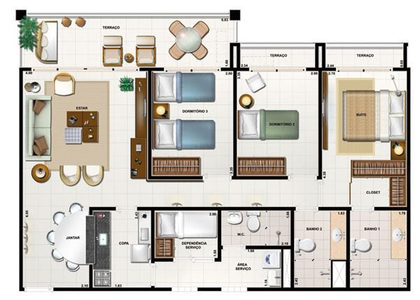 Planta de casa com três quartos