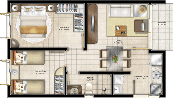 Casa com planta de dois quartos