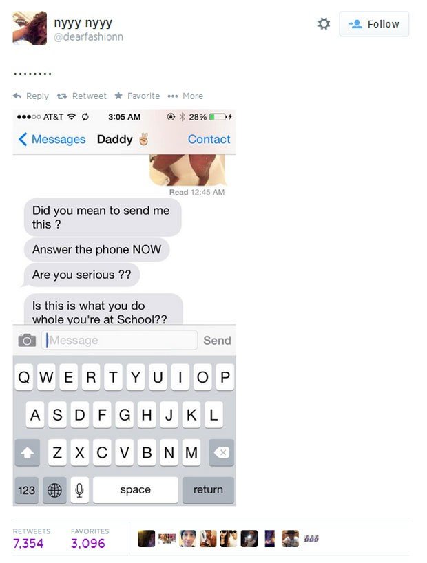 'Você tinha a intenção de me enviar isso? Atenda ao telefone agora. Você está falando sério? É isso que você faz?', respondeu o pai revoltado (Foto: Reprodução/Twitter/dearfashionn) 'Você tinha a intenção de me enviar isso? Atenda ao telefone agora. Você está falando sério? É isso que você faz?', respondeu o pai revoltado (Foto: Reprodução/Twitter/dearfashionn)