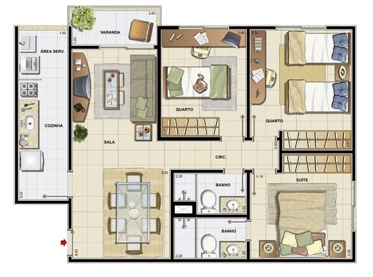 Planta com três quartos