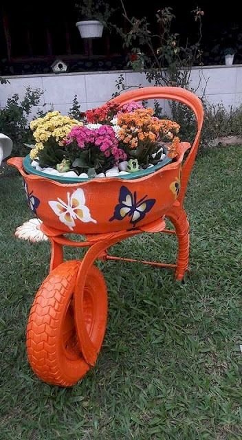 decoracao jardim pneus carrinho
