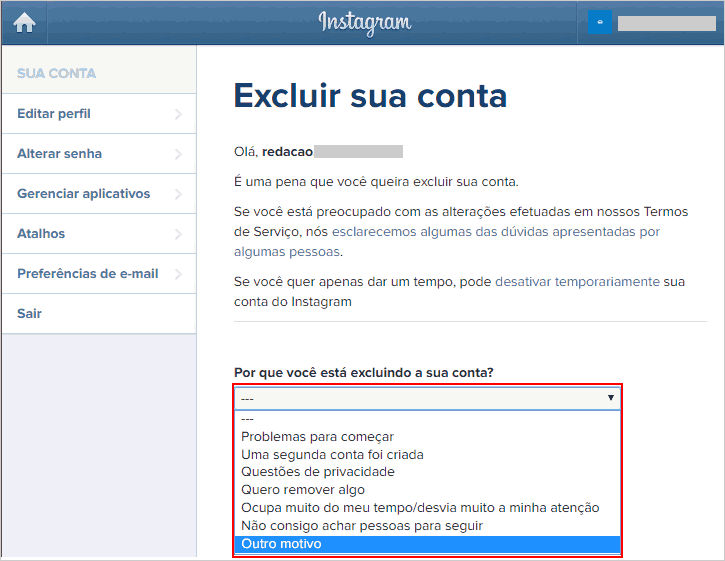 Excluir sua conta do Instagram