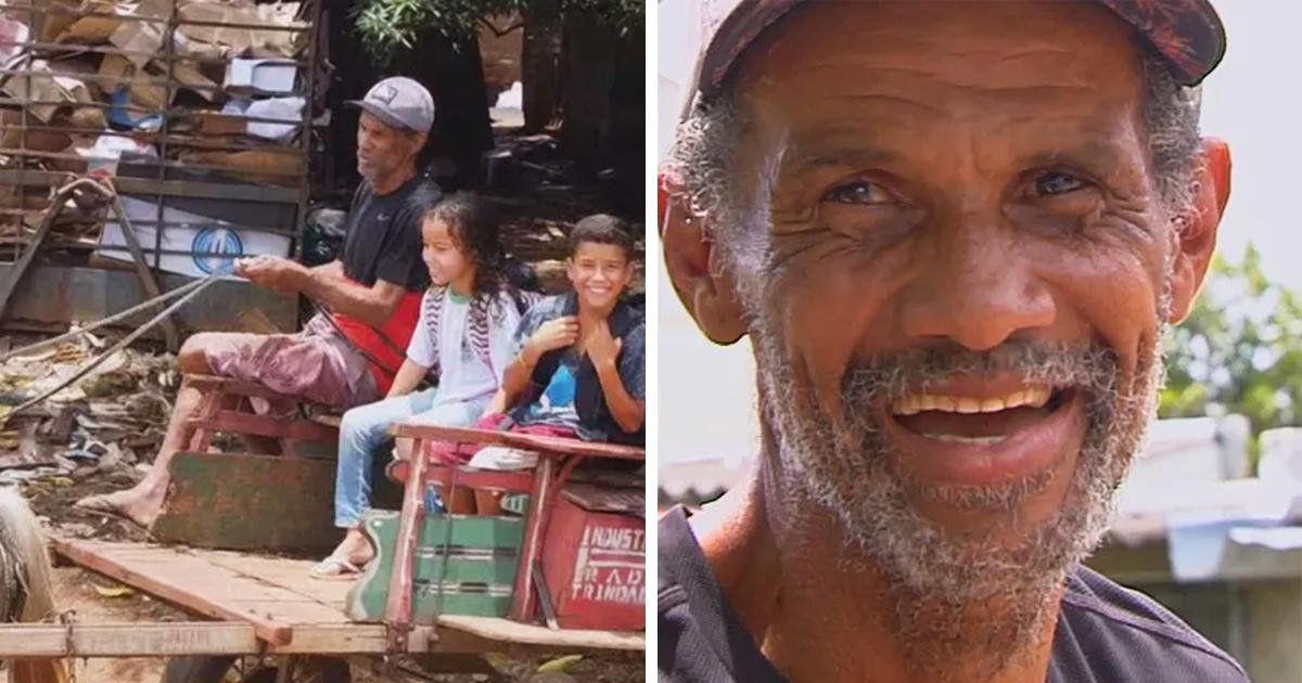 Pai viraliza ao percorrer 3km de carroça todos os dias para levar os filhos na escola