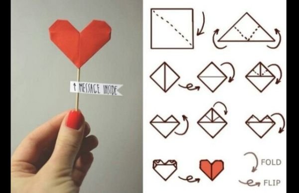 origami de coração com recado