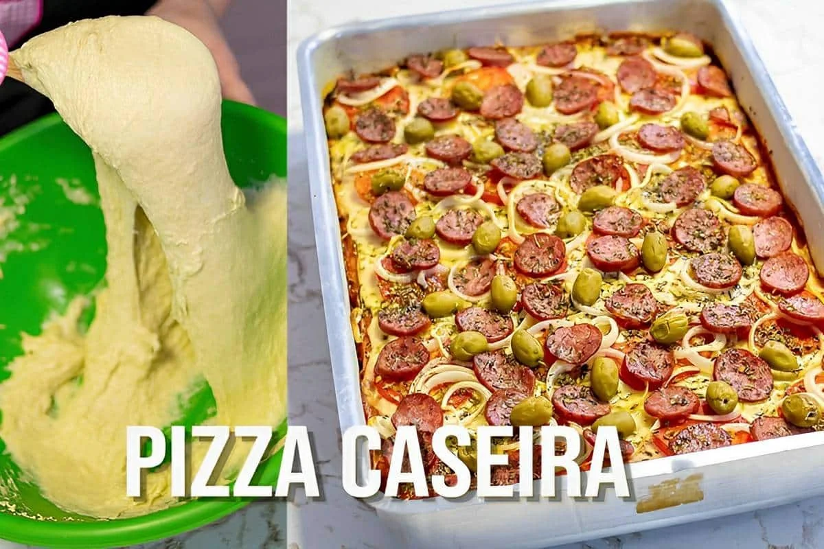 Pizza caseira pronta em poucos minutos feita com massa mole e muito fofinha